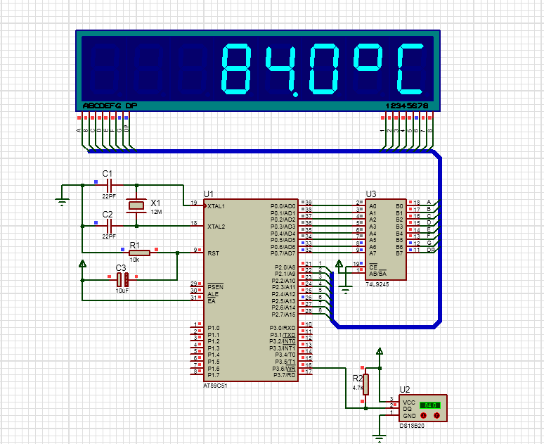 基于DS18B20设计的温度显示器-proteus仿真-源程序-原理图-PCB